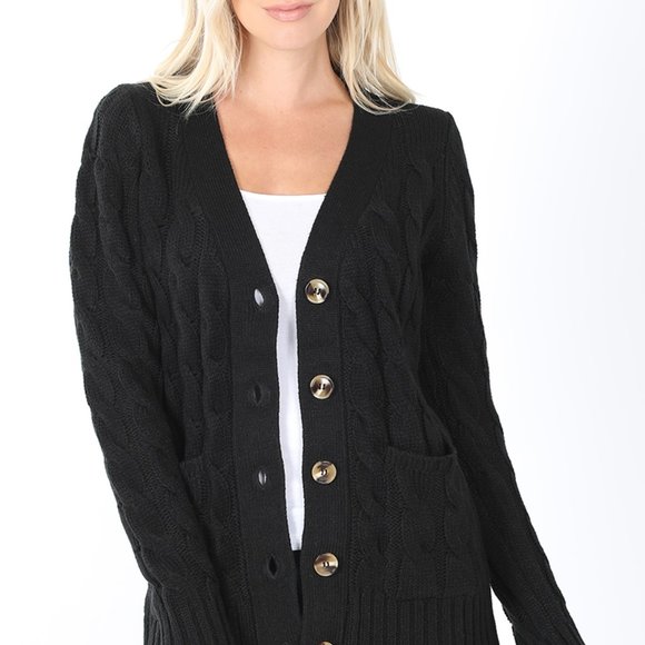 Cable knit button cardigan pockets BLACK - Picture 1 of 2